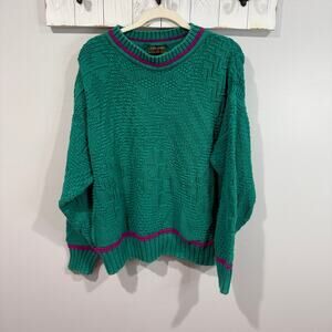 Vintage Alexander Julian Green Cotton Sweater Purple Stripe Size L